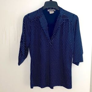 Vintage Teddi of CA women’s navy & white polka dot blouse